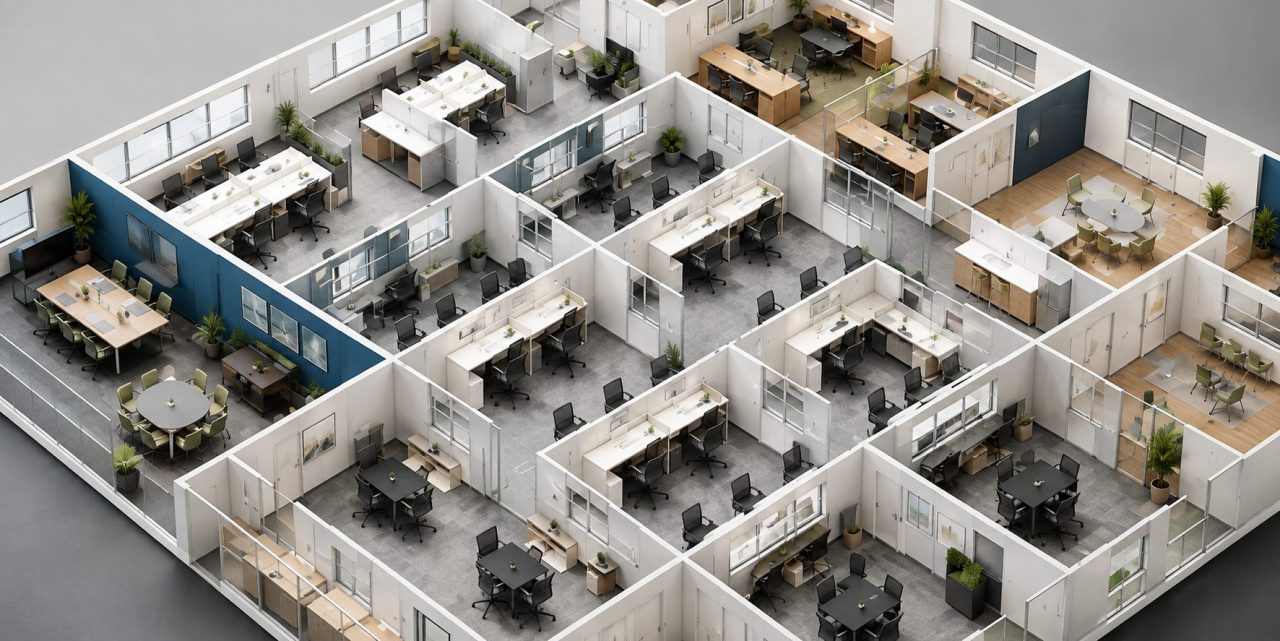 2D and 3D office space plan showing modular workstations and private offices in Colorado Springs