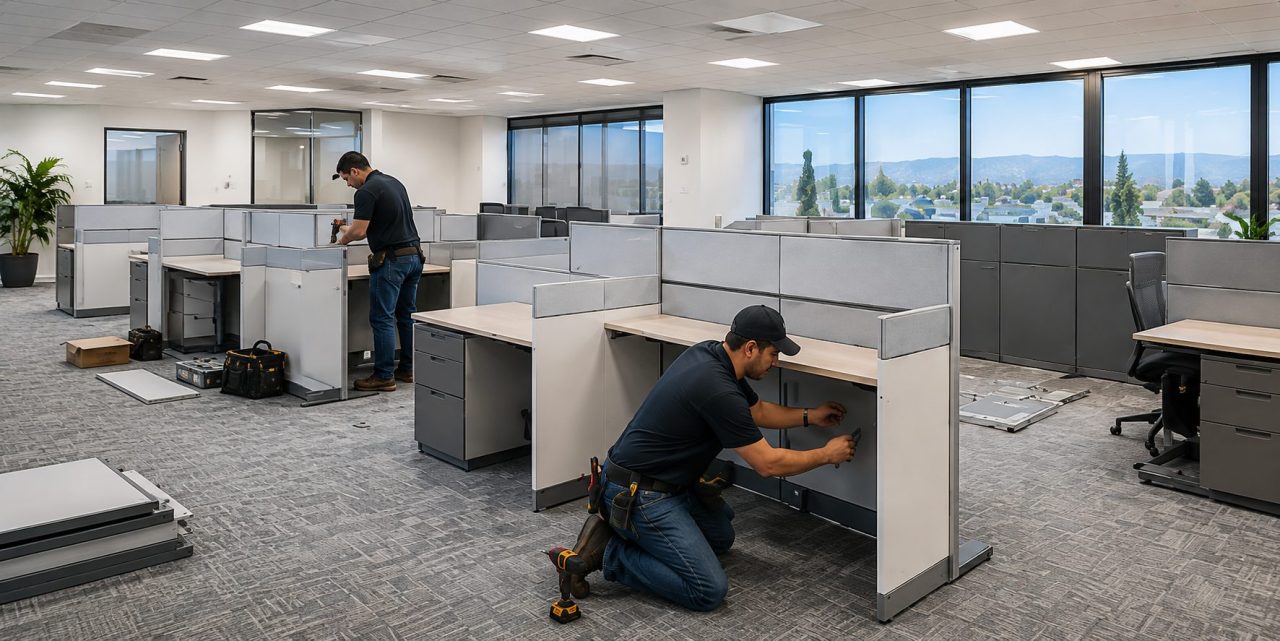 Installers assembling modular cubicles inside a Colorado Springs office