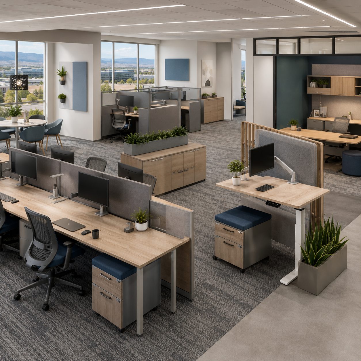 Alt Tag Modern modular office workspace in Colorado Springs featuring open-plan desks, privacy panels, cubicles, sit-stand workstations, and collaborative areas