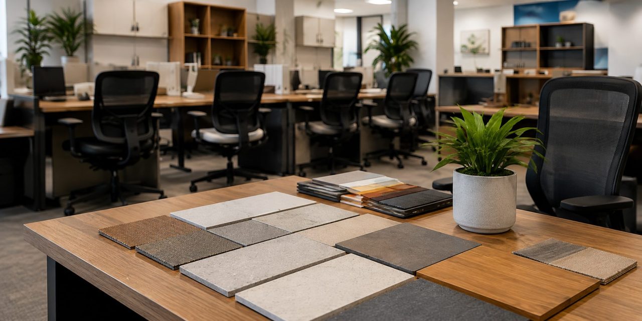 Office furniture finish and material samples displayed in a Colorado Springs showroom