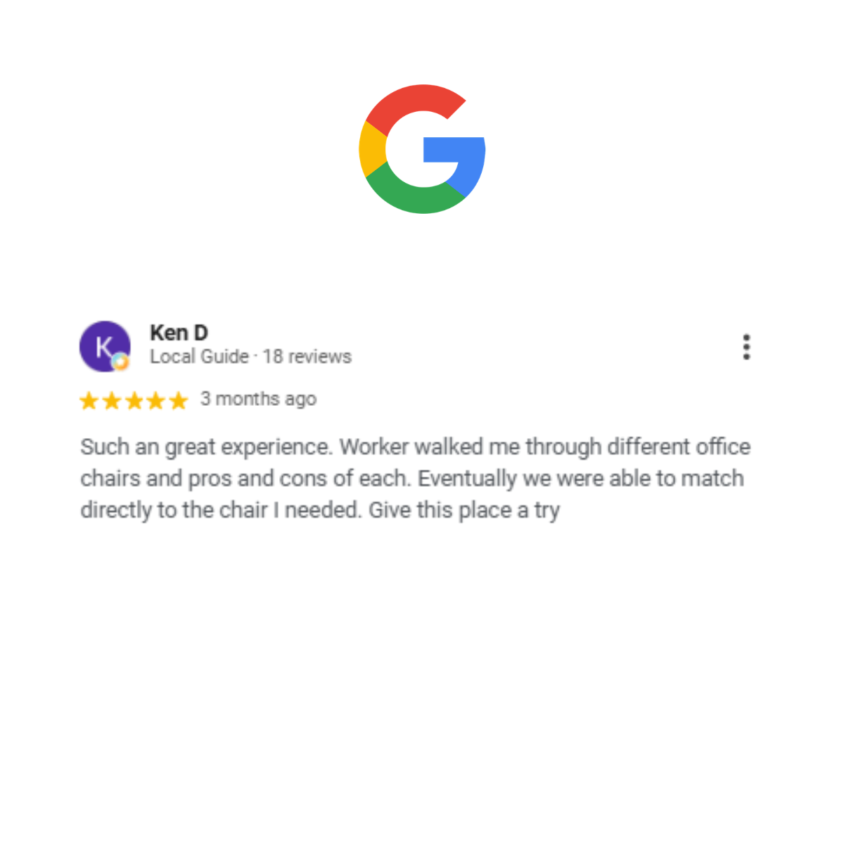 Five-star Google review from Ken D about comparing office chairs and receiving helpful guidance at Office Furniture EZ in Colorado Springs