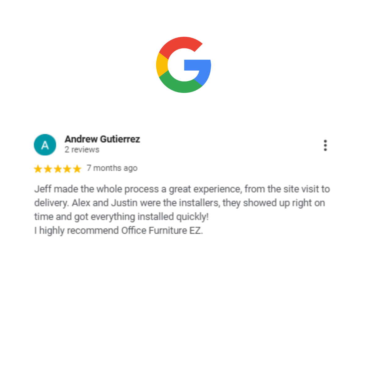 Five-star Google review from Andrew Gutierrez praising Office Furniture EZ for the site visit, on-time delivery, and fast installation in Colorado Springs