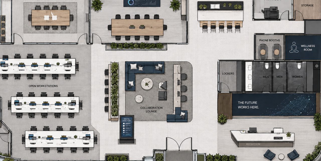 2D and 3D office space planning render for a custom open-plan workstation layout in Denver
