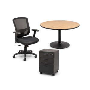 Used office chair, round table, and pedestal file available in Denver
