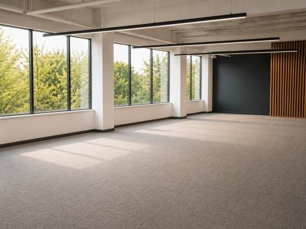 Empty office space with large windows prepared for cubicle layout and space planning