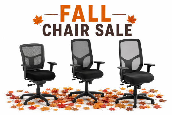 hree black ergonomic office chairs featured in the Office Furniture EZ Fall Chair Sale with autumn leaves on a white background.