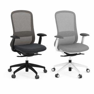 Two Konfurb Crescent high-back office chairs shown side by side on a white background, one in black with a charcoal seat and one in gray with a light gray frame.