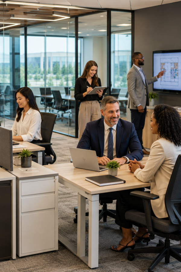 Diverse team of professionals working and collaborating in a modern corporate office in Lone Tree, Colorado