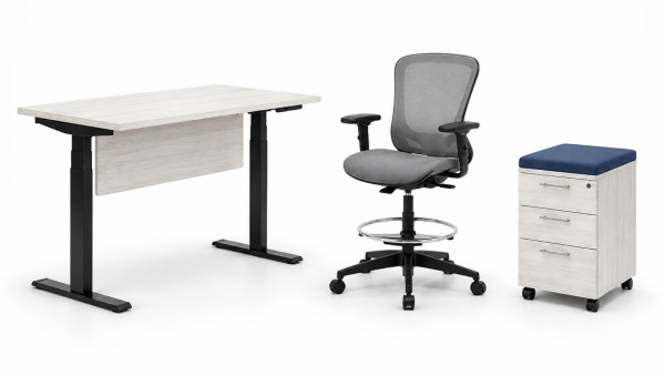 Sit-stand desk, drafting chair, and pedestal file
