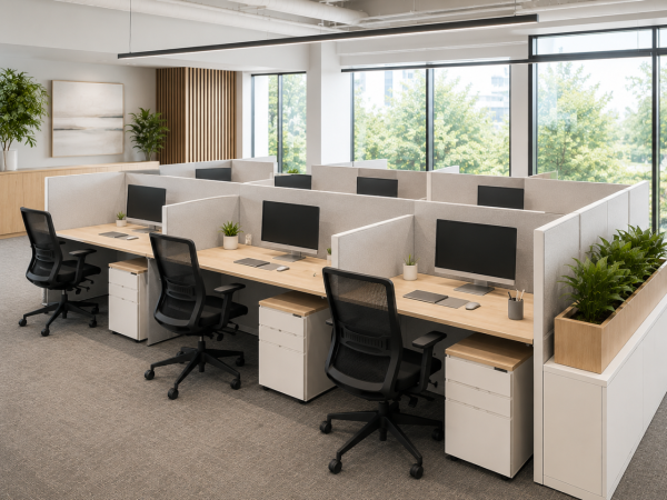 Modern office cubicle workstations arranged in a shared cluster with privacy panels