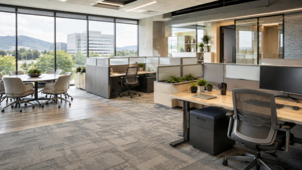 Modern office workstations, ergonomic chairs, and meeting space representing office furniture for Centennial, Colorado businesses
