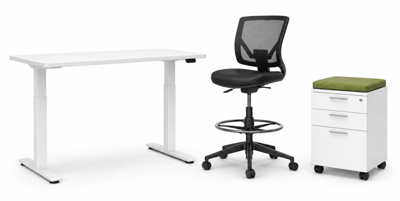 Height-adjustable desk, drafting chair and mobile pedestal file for a Denver office