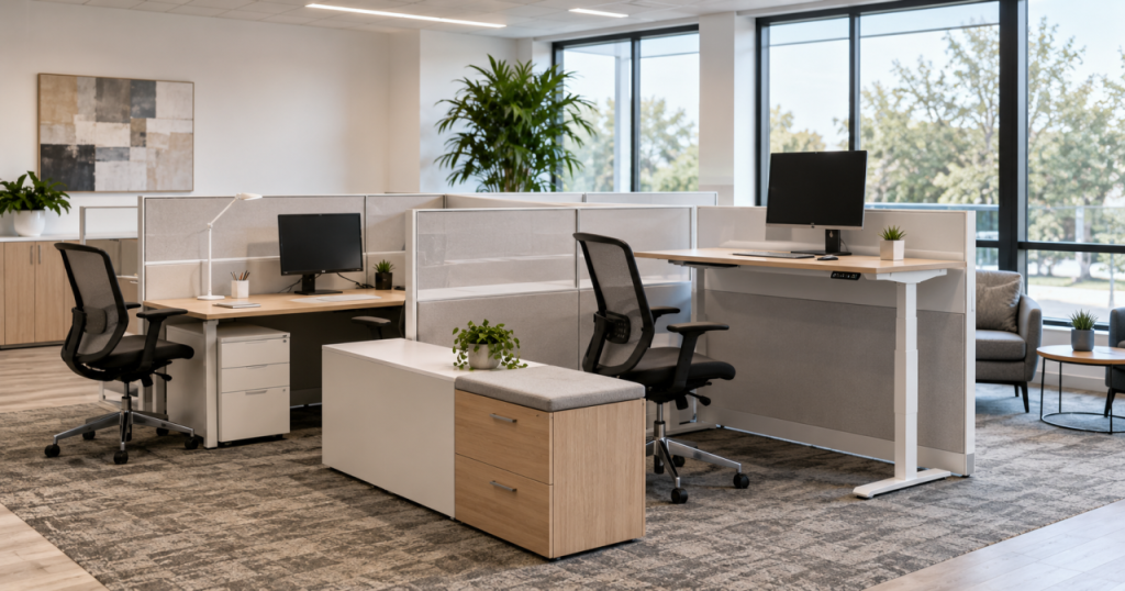 Modern office workstations and ergonomic seating representing office furniture for Falcon, Colorado businesses
