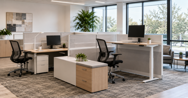 Modern office workstations and ergonomic seating representing office furniture for Falcon, Colorado businesses