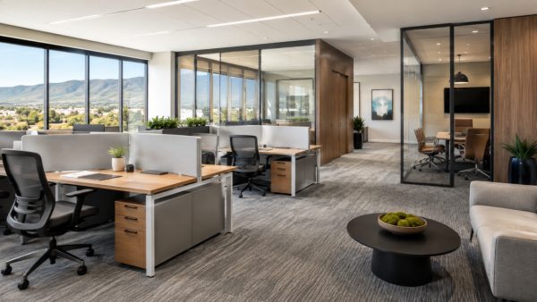 Modern office workspace with cubicles, desks, ergonomic chairs, and mountain views representing office furniture for Lone Tree, Colorado businesses