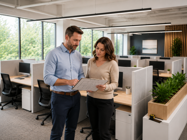 Office furniture project manager reviewing a floor plan beside installed cubicle workstations