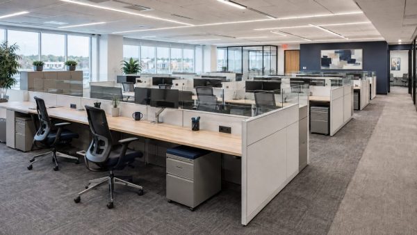 Custom open-plan office workstations pre-assembled and installed in a Denver commercial space