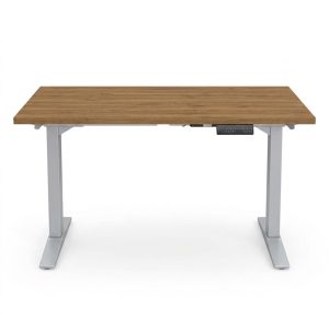 An affordable sit stand desk with silver legs and an aspen colored top