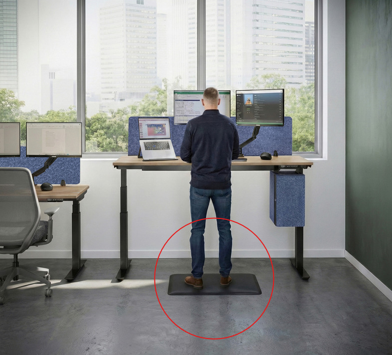 A man at a stand up, height adjustable desk - he is using an anti-fatigue mat