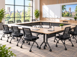 Modern education and training room with U-shaped classroom tables, mesh chairs, whiteboard, and campus view