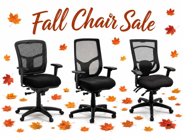 Three ergonomic office chairs situated among some fall leaves to signify the office chairs on sale at Office Furniture EZ