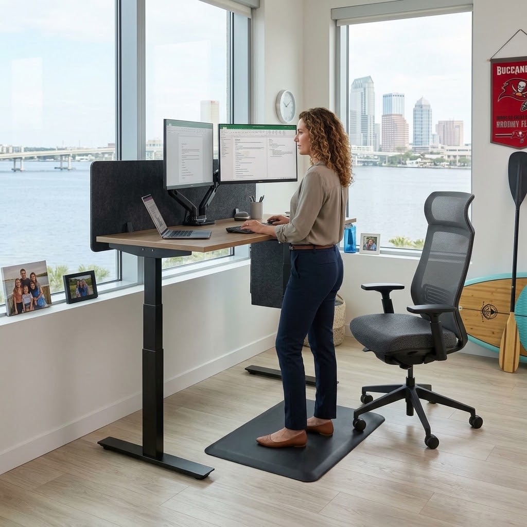 A woman working at a stand up desk - she is using an anti-fatigue mat while standing