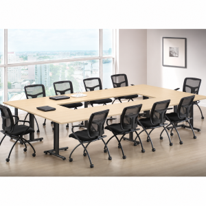 Catalog image of training tables with black t-legs and casters. Arranged in a square. They feature casters for rolling.