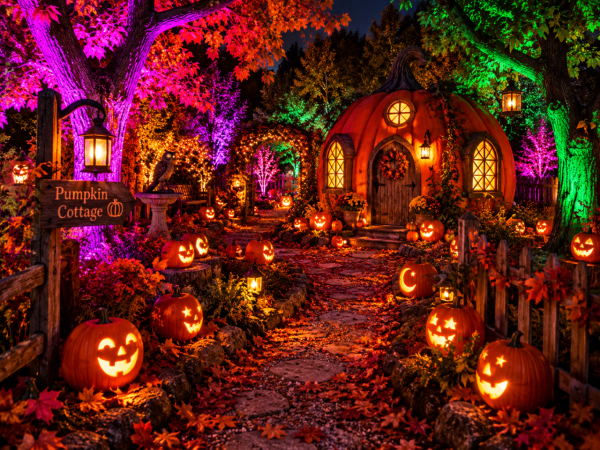 Jack O Lanterns placed in a display in Hudson Gardens for Halloween