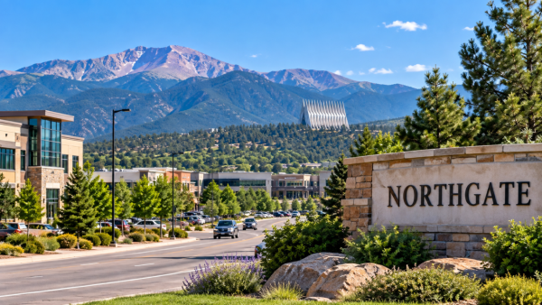 Scenic view of Northgate Colorado Springs with nearby commercial development and the Front Range in the distance