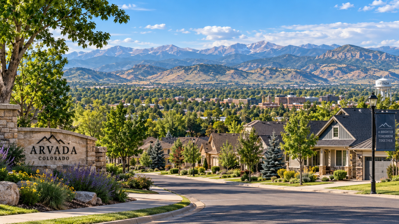 Scenic view of Arvada, Colorado with the Front Range mountains in the distance