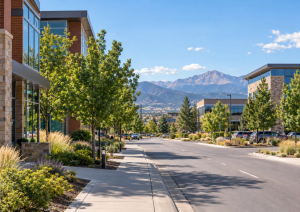 Professional office buildings in the Briargate area of Colorado Springs with mountain views
