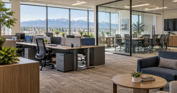Modern office furniture with workstations and ergonomic chairs in Briargate, Colorado Springs