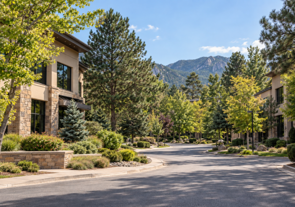 Tree-lined professional office area in Broadmoor, Colorado Springs