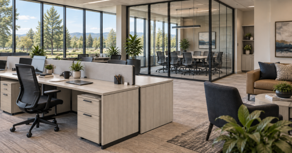 Modern office with light workstations and ergonomic chairs in Broadmoor, Colorado Springs