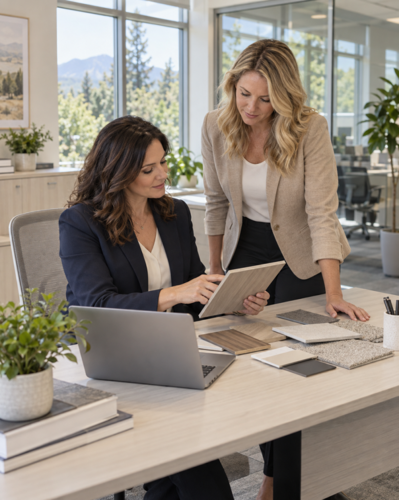 Broadmoor professionals reviewing office furniture finishes in a modern workspace