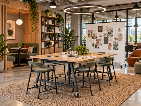 Modern creative workspace with collaborative table, booth seating, shelving, mobile whiteboard, and flexible office furniture