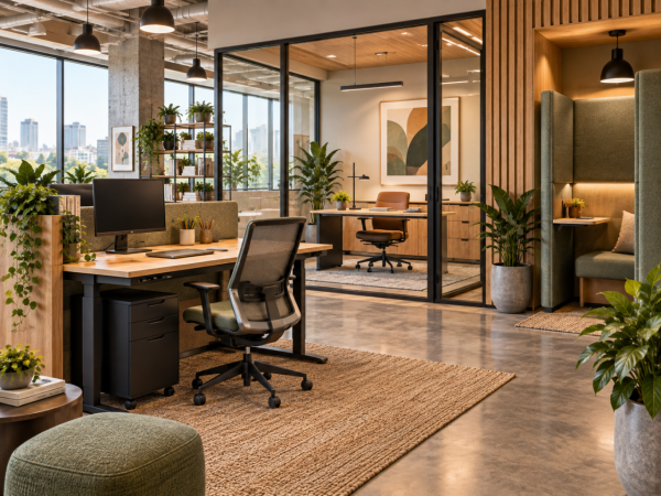Modern creative office with individual workstation, glass private office, focus nook, and flexible workspace furniture