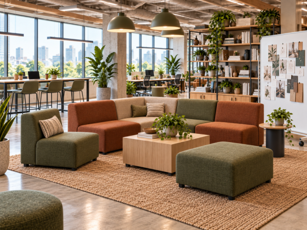 Modern creative lounge with modular Remix seating, coffee table, collaborative table, shelving, and mood board