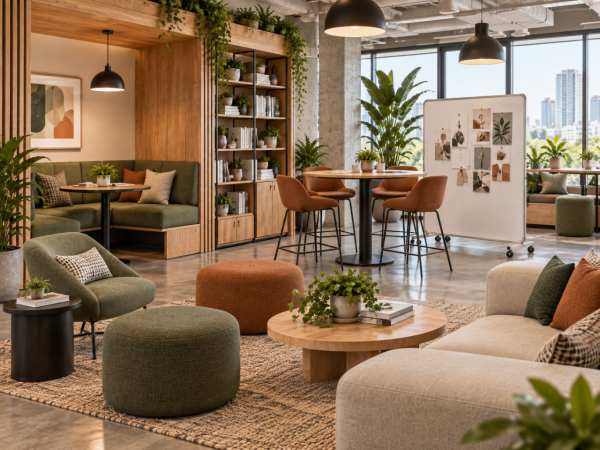 Modern creative workspace with large project table, stools, open workstations, shelving, and mobile mood board
