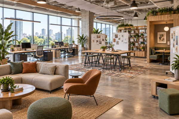 Modern creative workspace with open workstations, collaborative project table, lounge seating, whiteboards, and flexible office furniture