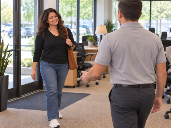 Customer greeted by an office furniture specialist at the Office Furniture EZ Denver showroom.