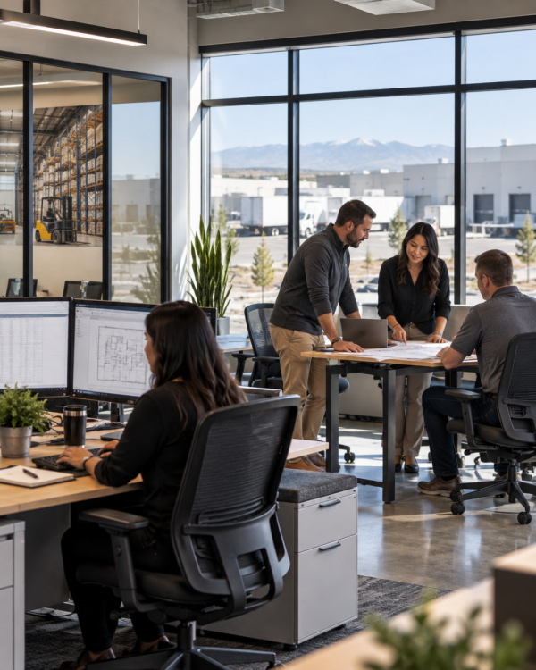 Office team collaborating in a modern workspace with desks, ergonomic chairs, planning materials, and nearby warehouse operations