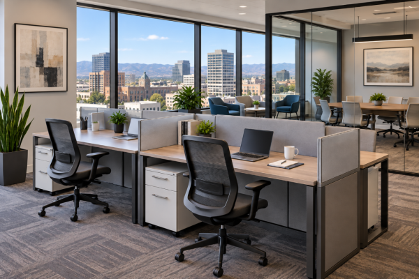 Modern office interior with workstations, ergonomic chairs, glass conference room, and downtown Colorado Springs city views.
