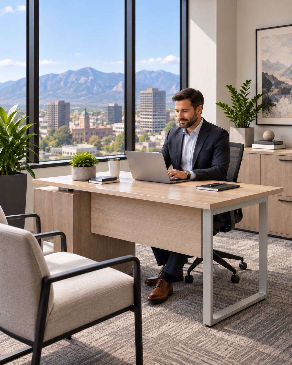 Bearded professional working at a modern desk in a downtown Colorado Springs office with city views in the background.