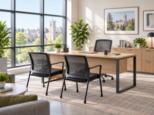 Modern education office with desk, guest chairs, storage cabinets, and campus-style window view