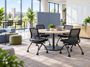 Modern education collaboration space with round table, mesh chairs, privacy panel, soft seating, and whiteboard