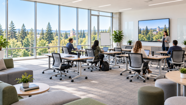 Modern education and training space with flexible classroom tables, ergonomic chairs, collaborative seating, and presenter-led instruction
