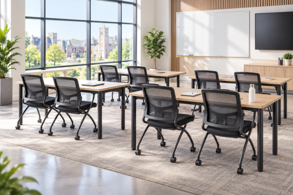 Modern education and training room with classroom tables, mesh chairs, whiteboard, and campus-style window view
