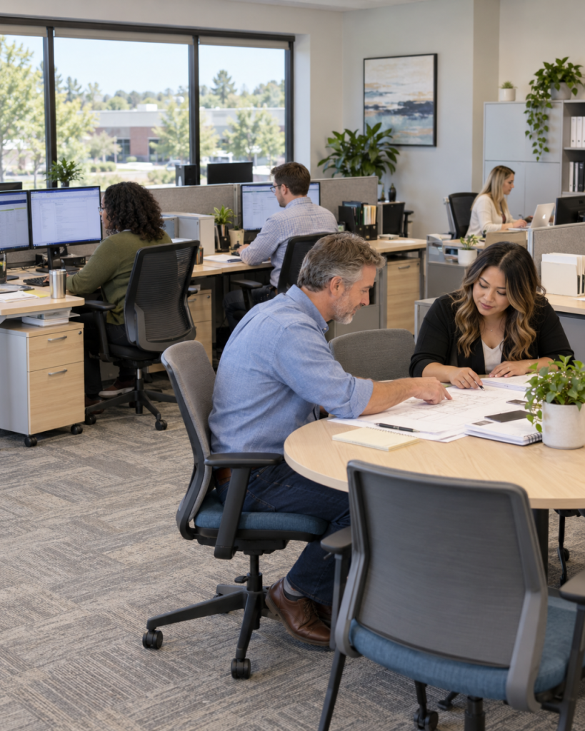 Englewood and Littleton office team working at desks and collaborative workstations