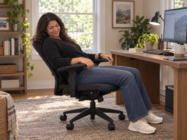 Woman comfortably reclining in an ergonomic office chair at her home office desk.